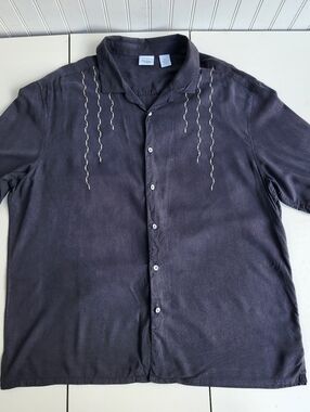 Rainforest 100% SILK Black Hawaiian  Button up Shirt Embroidered Sz XL